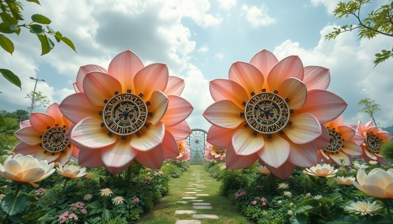 AI generated art for prompt: Create an image embodying surreal landscapes with a garden entrance showcasing oversized blooms whos