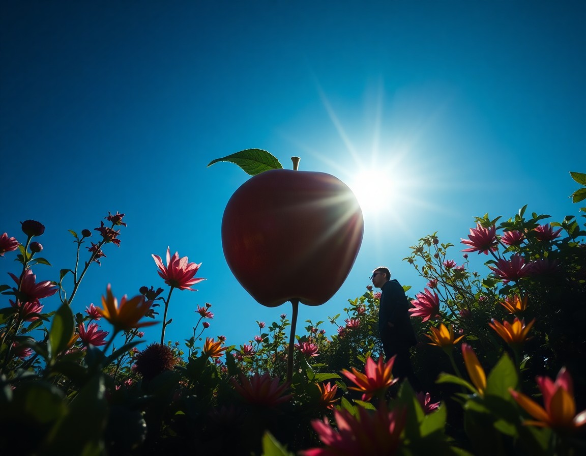 AI generated art for prompt: A surreal dreamscape portraying an enigmatic scene with a photorealistic apple at its core, surround