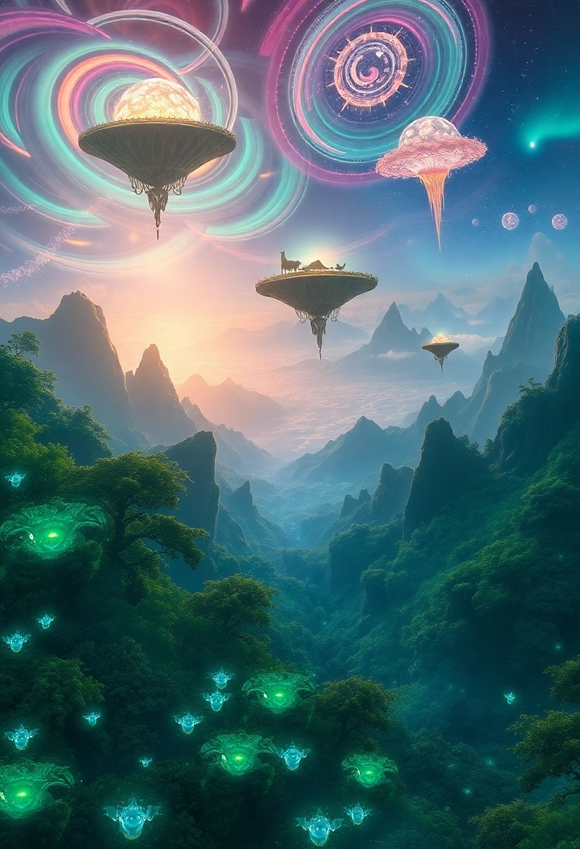 AI generated art for prompt: An elaborate digital artwork showcases an enchanting, fantastical vista from above, with awe-inspiri