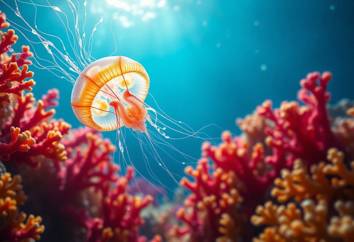 AI generated art for prompt: A digital artwork capturing an enchanting underwater scene from the viewpoint of a jellyfish gliding