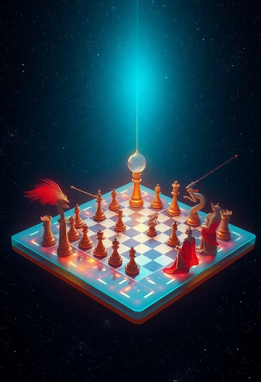 AI generated art for prompt: A mesmerizing digital artwork portrays an enchanting chess game unfolding on a hovering, semi-transp