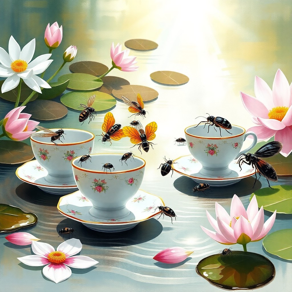 AI generated art for prompt: A whimsical still life composition depicting a surreal tea party attended by an endearing ensemble o