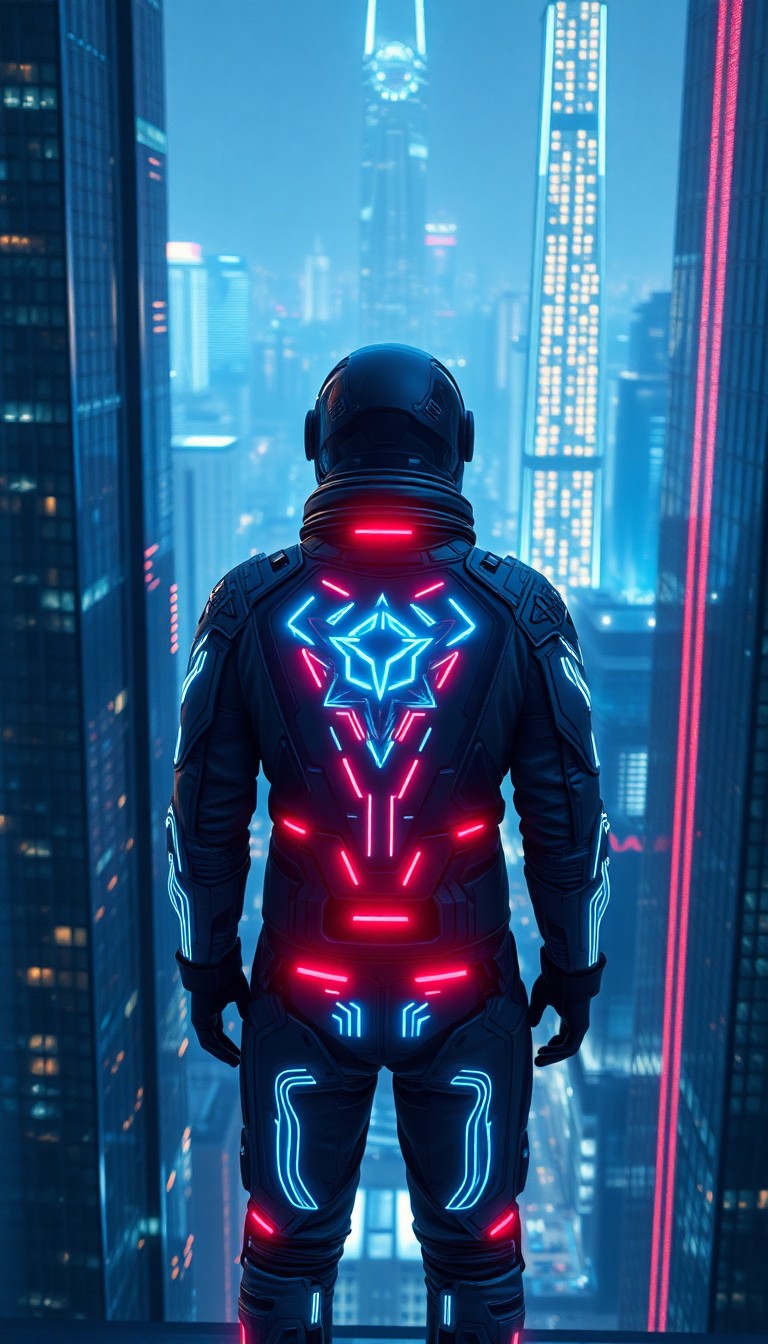 AI generated art for prompt: A solitary figure in a high-tech, futuristic spacesuit with holographic designs adorns their attire,