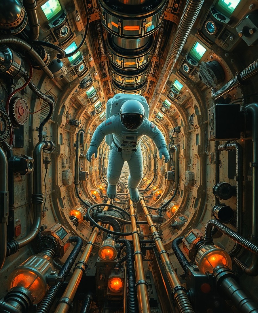 AI generated art for prompt: In the realm of surreal biomechanical art, an astronaut drifts through the chambers of an alien spac