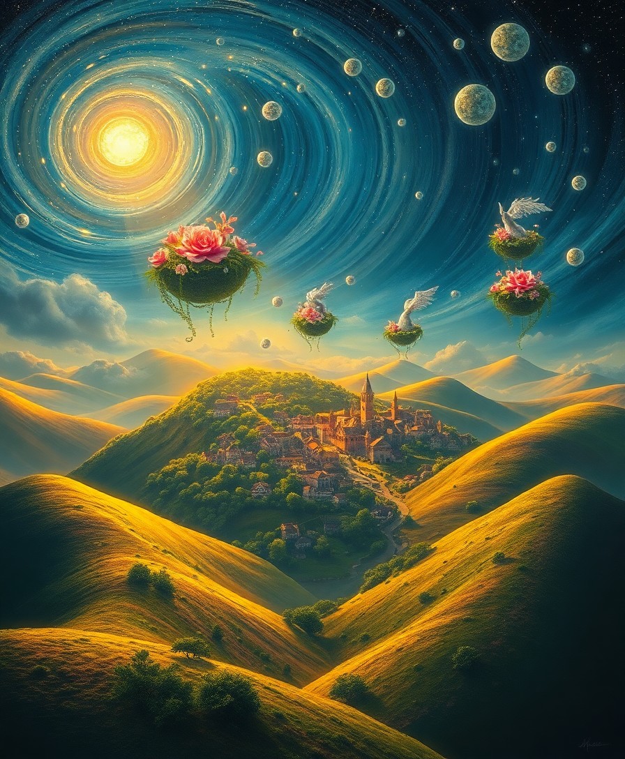 AI generated art for prompt: A mesmerizing aerial perspective showcases a magical village nestled amidst rolling hills, illuminat