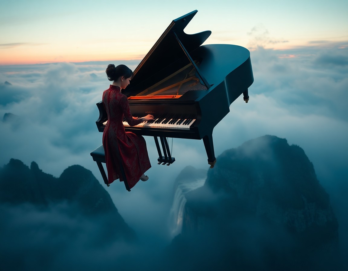 AI generated art for prompt: Create an image in the surrealistic style, featuring a grand piano seemingly floating above a misty 