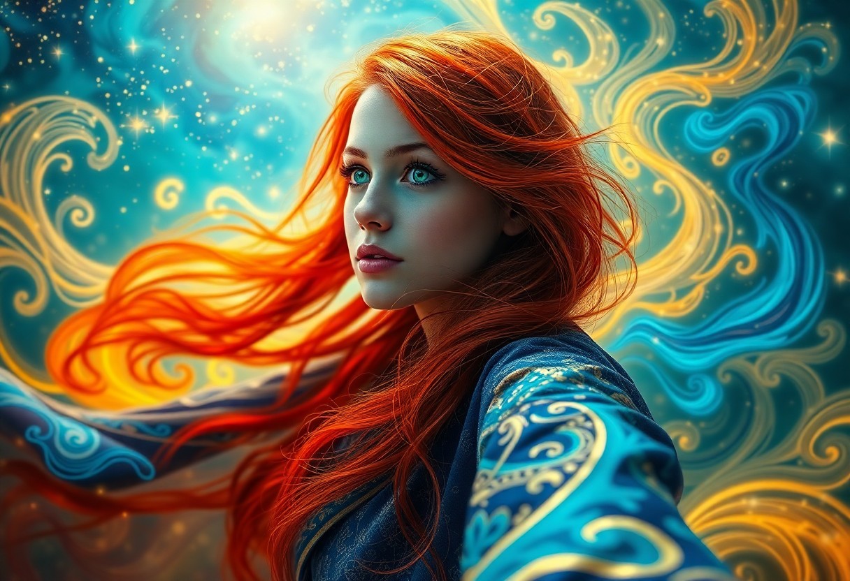 AI generated art for prompt: An alluring portrait depicts a captivating female subject with vibrant red hair and mesmerizing gree