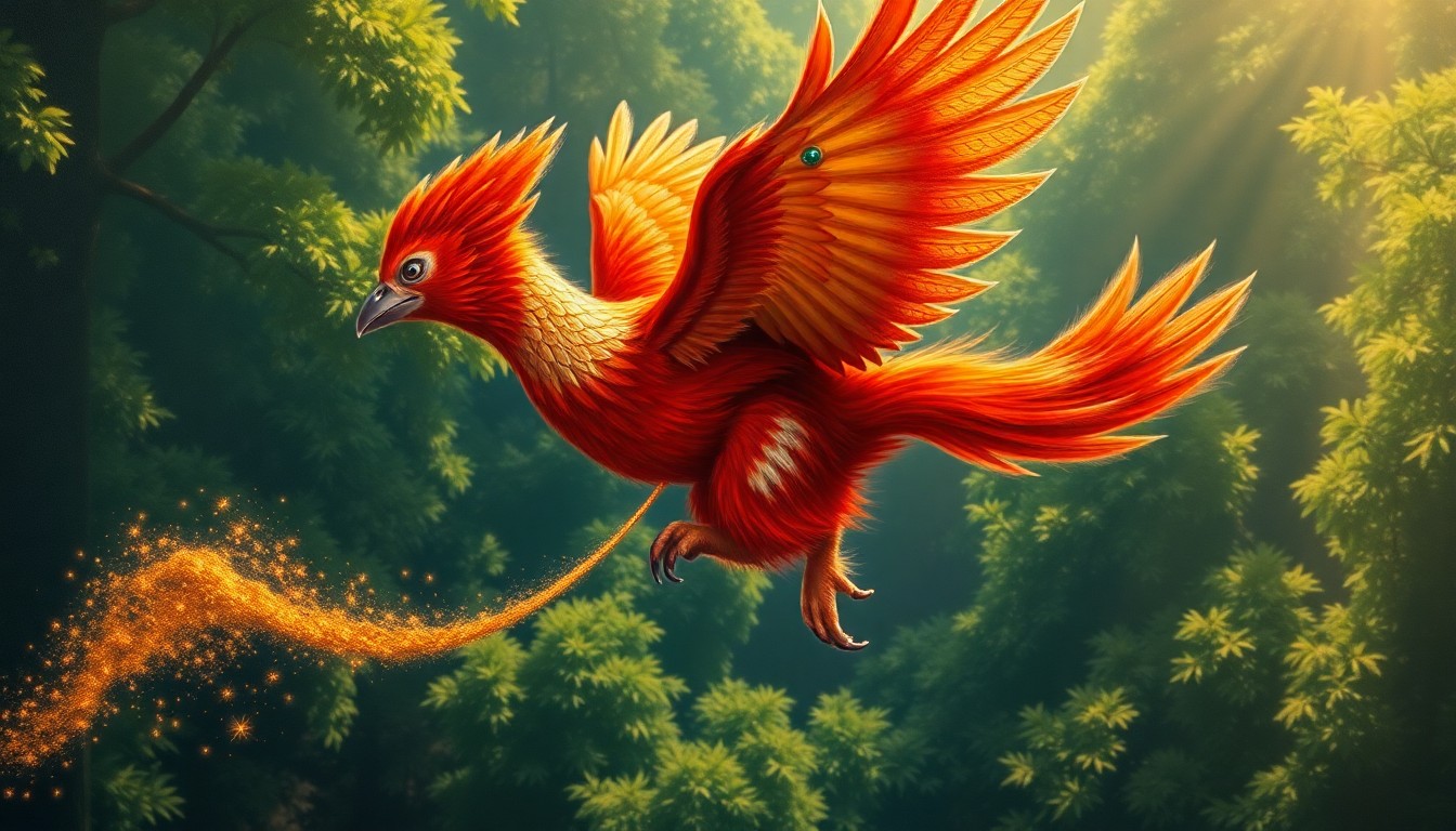 AI generated art for prompt: A whimsical oil painting showcases an extraordinary fusion of a regal phoenix and a playful monkey, 