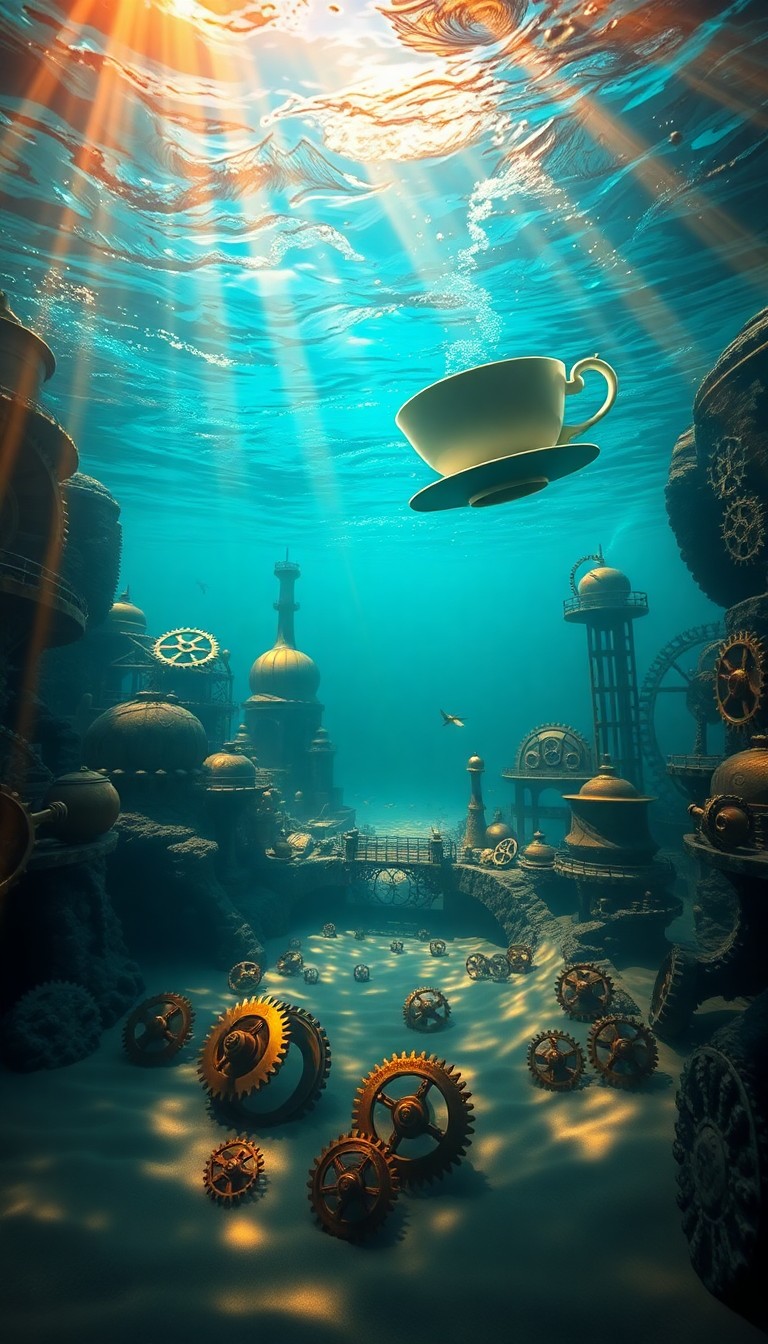 AI generated art for prompt: A whimsical underwater scene combines surreal elements with steampunk-inspired architecture, reminis