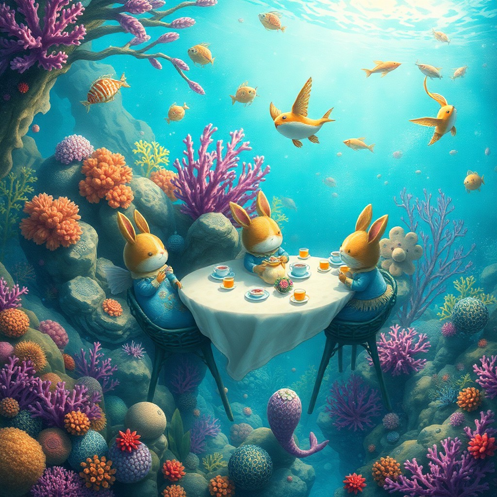 AI generated art for prompt: Craft an enchanting underwater scene reminiscent of Beatrix Potter's whimsical illustrations, featur