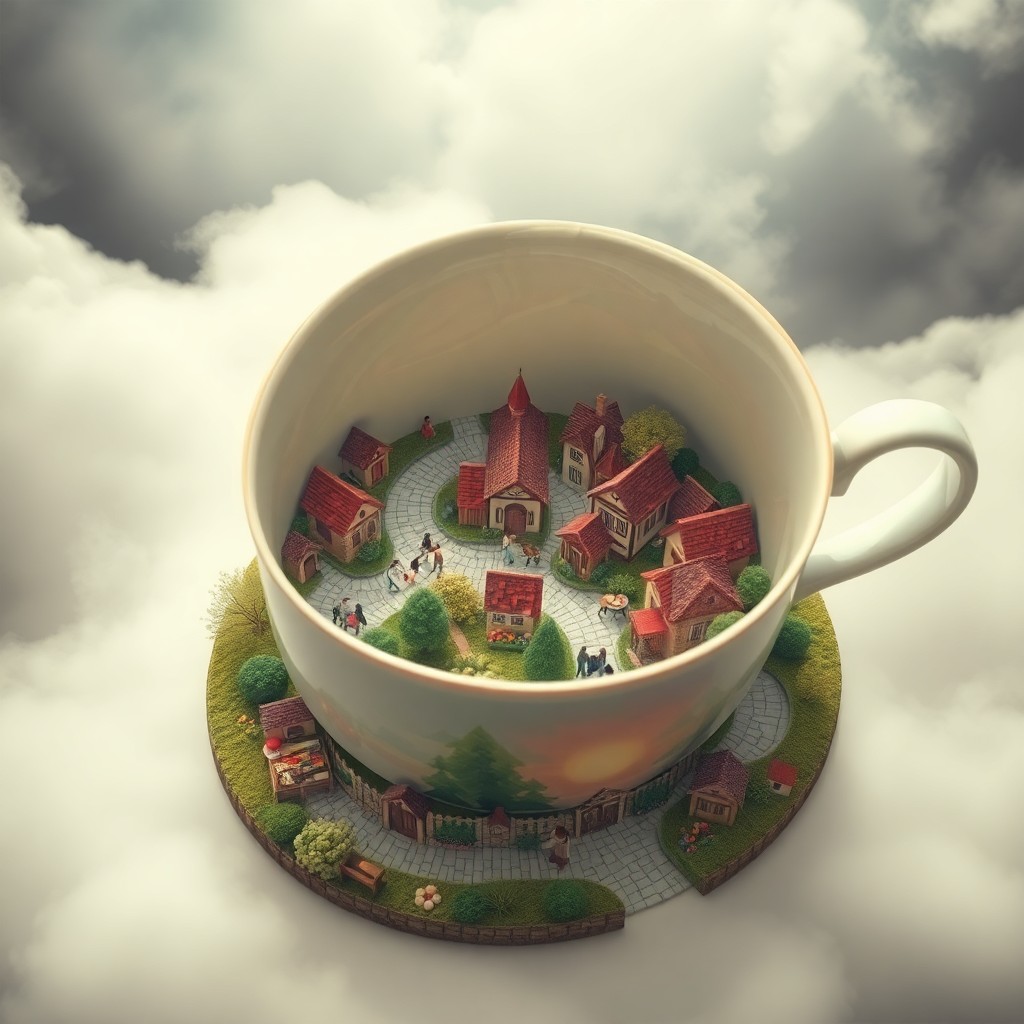 AI generated art for prompt: A whimsical village scene is nestled within an enormous teacup, where winding cobblestone streets an