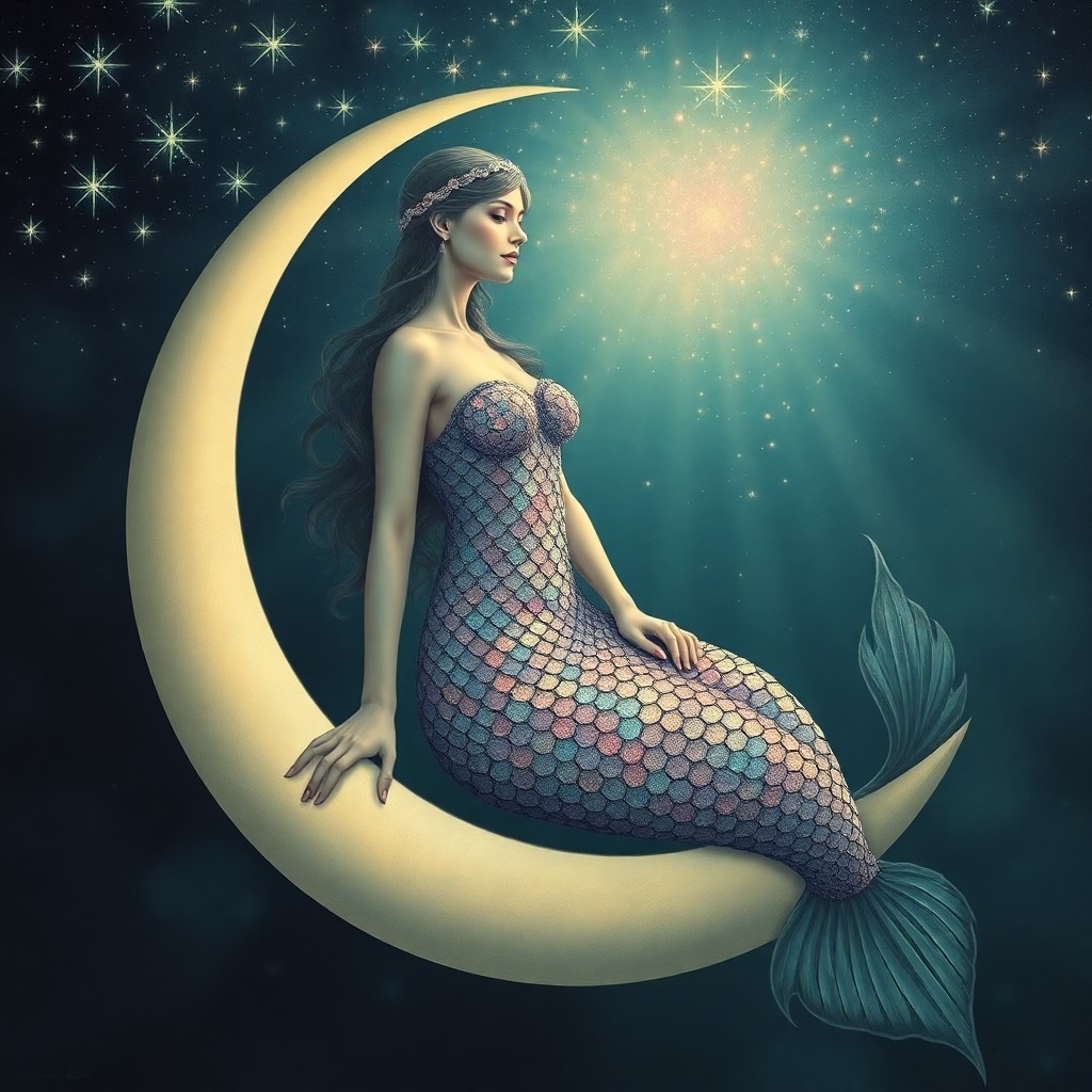 AI generated art for prompt: A celestial portrait in the dreamlike style of an Art Nouveau master, featuring a mystical mermaid a