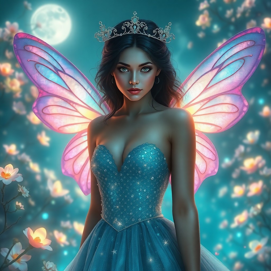 AI generated art for prompt: A captivating digital art portrait depicts an enigmatic fairy queen with iridescent wings standing i