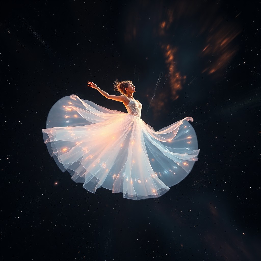 AI generated art for prompt: An enigmatic digital artwork showcases an celestial ballerina gracefully spinning across the cosmos,