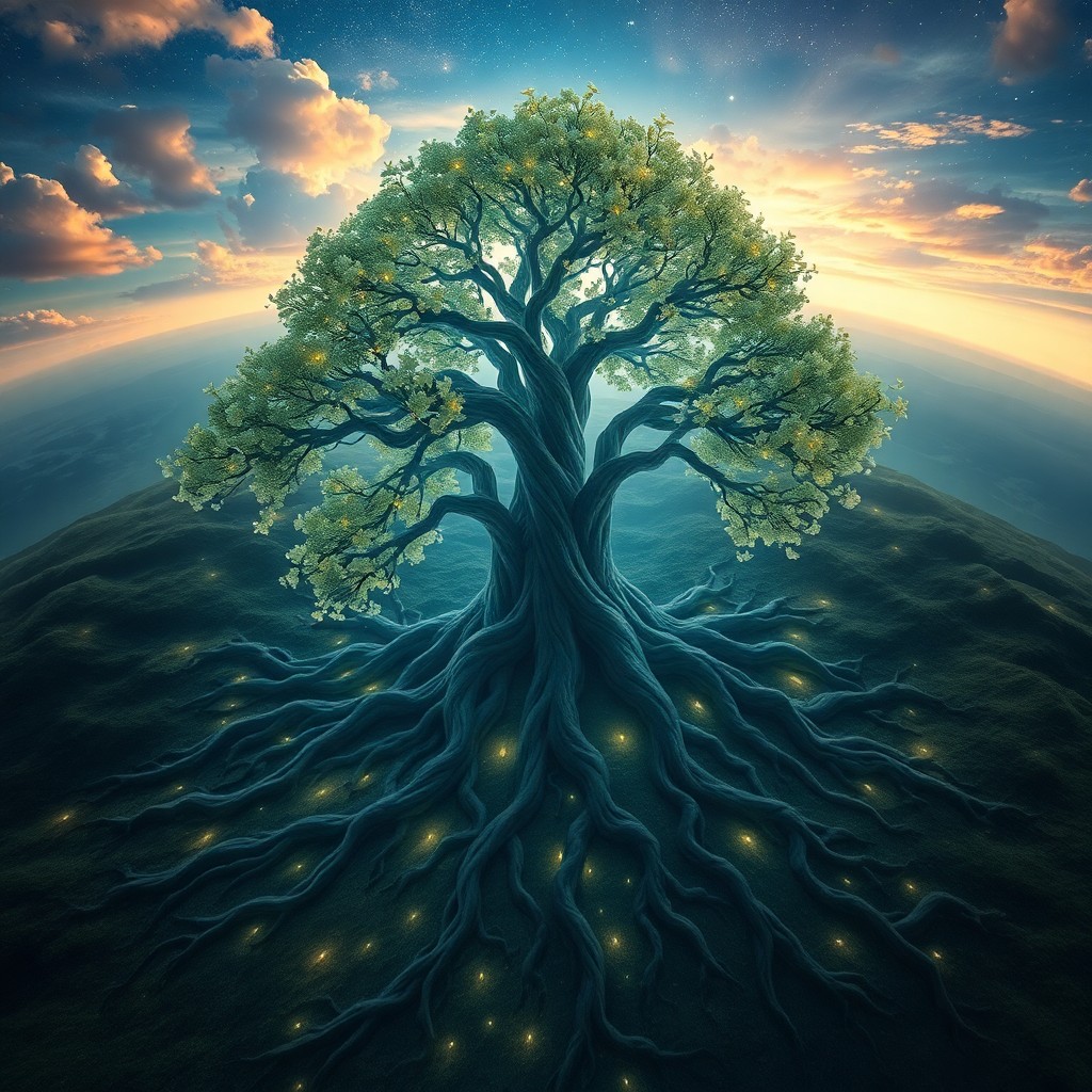 AI generated art for prompt: A mesmerizing, surreal landscape emerges with a central, majestic tree reaching towards an ethereal 