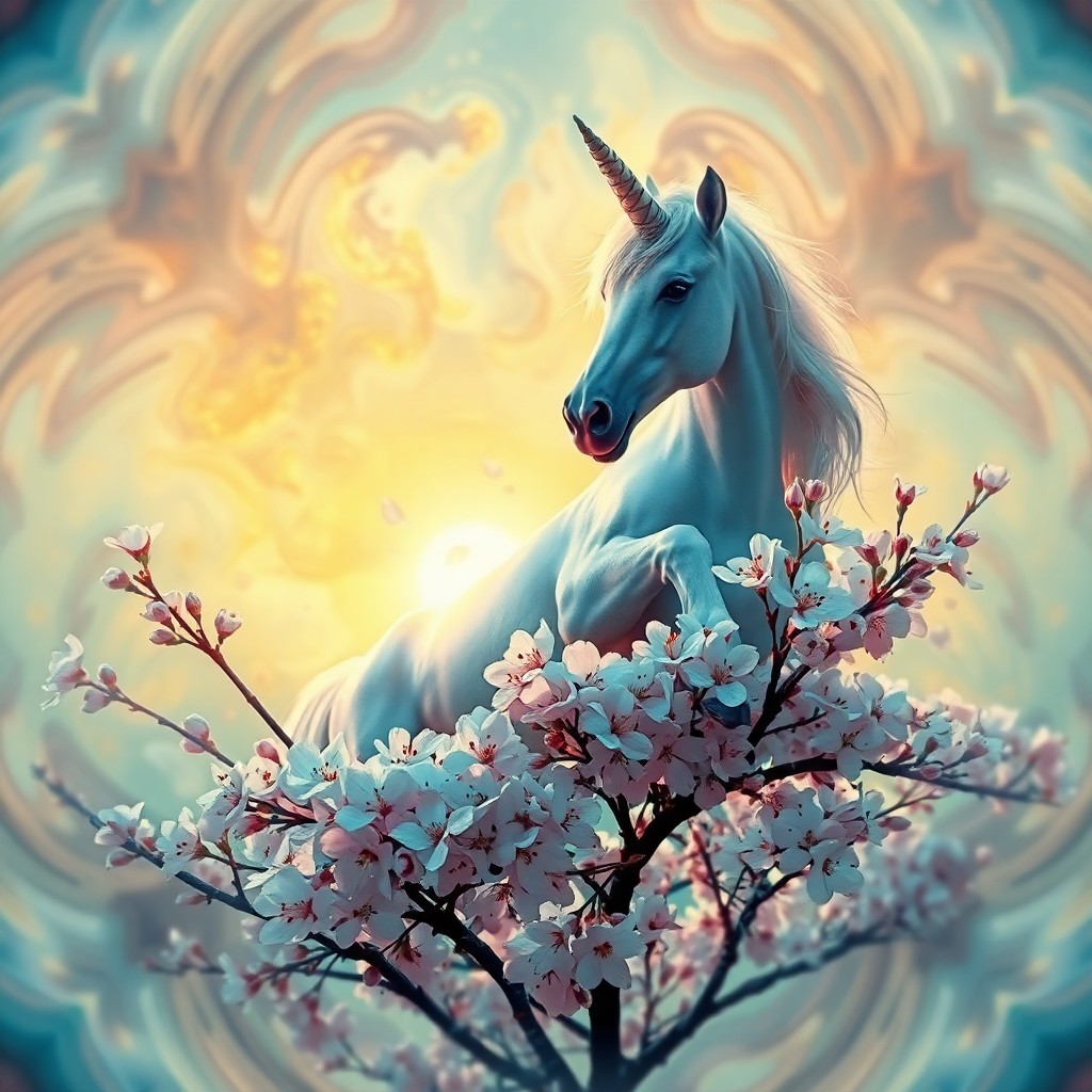 AI generated art for prompt: Visualize an enchanting digital art portrait showcasing a regal unicorn elegantly resting atop a flo