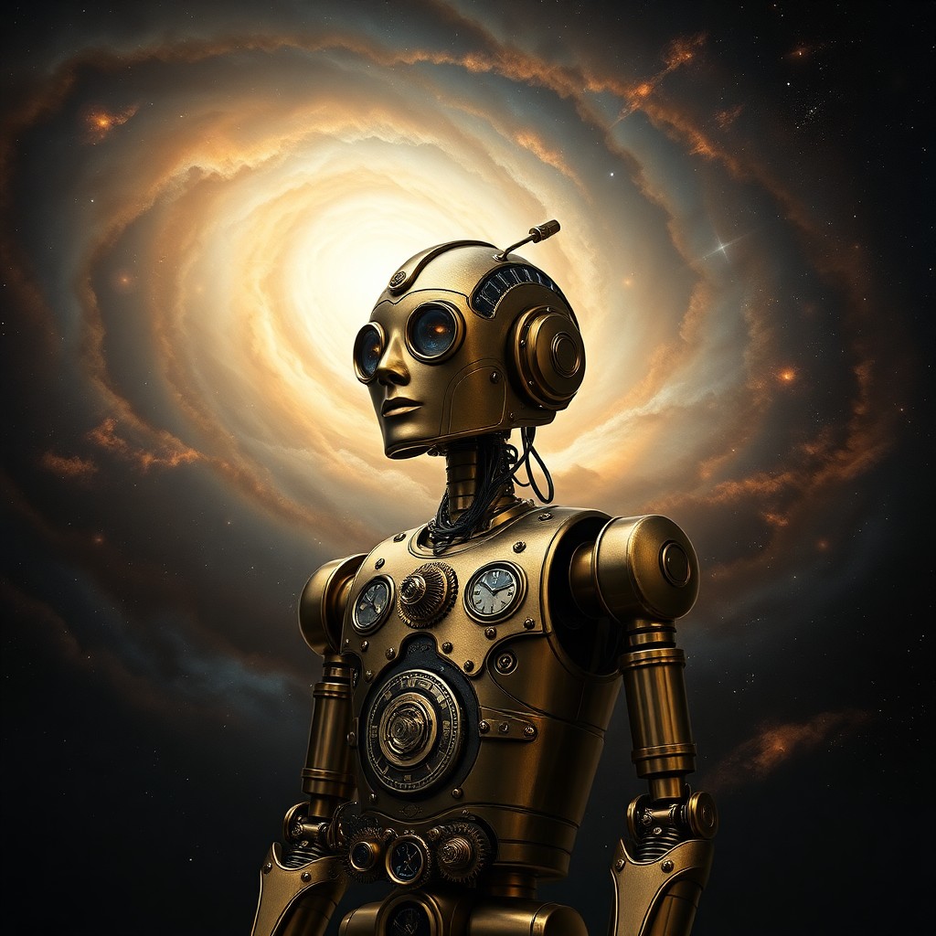 AI generated art for prompt: A humanoid android, exquisitely crafted with intricate brass gears and clockwork details, stands poi