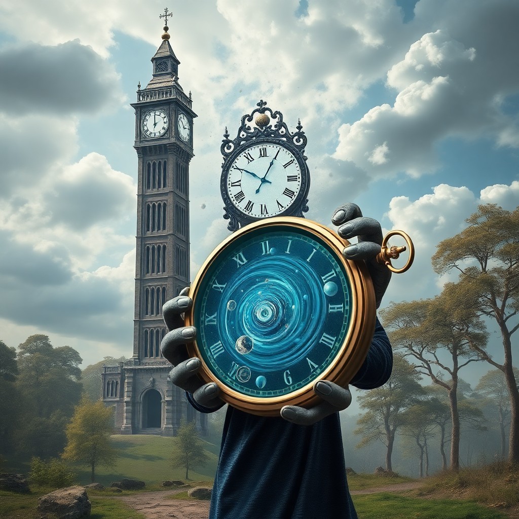 AI generated art for prompt: Create an image in the style of surrealism depicting an antique watchtower with its clock face disin