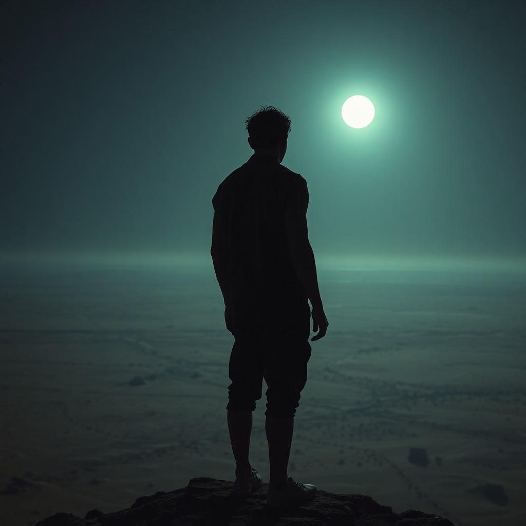 AI generated art for prompt: A striking portrait capturing a lone figure bathed in ethereal moonlight against a barren landscape,