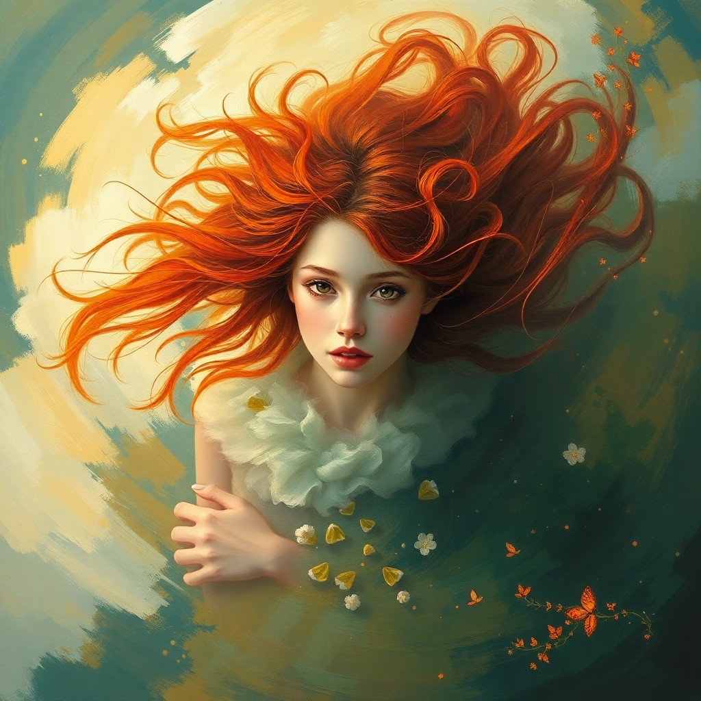 AI generated art for prompt: An aerial view captures the enchanting portrait of a young woman with vibrant red hair, as her image