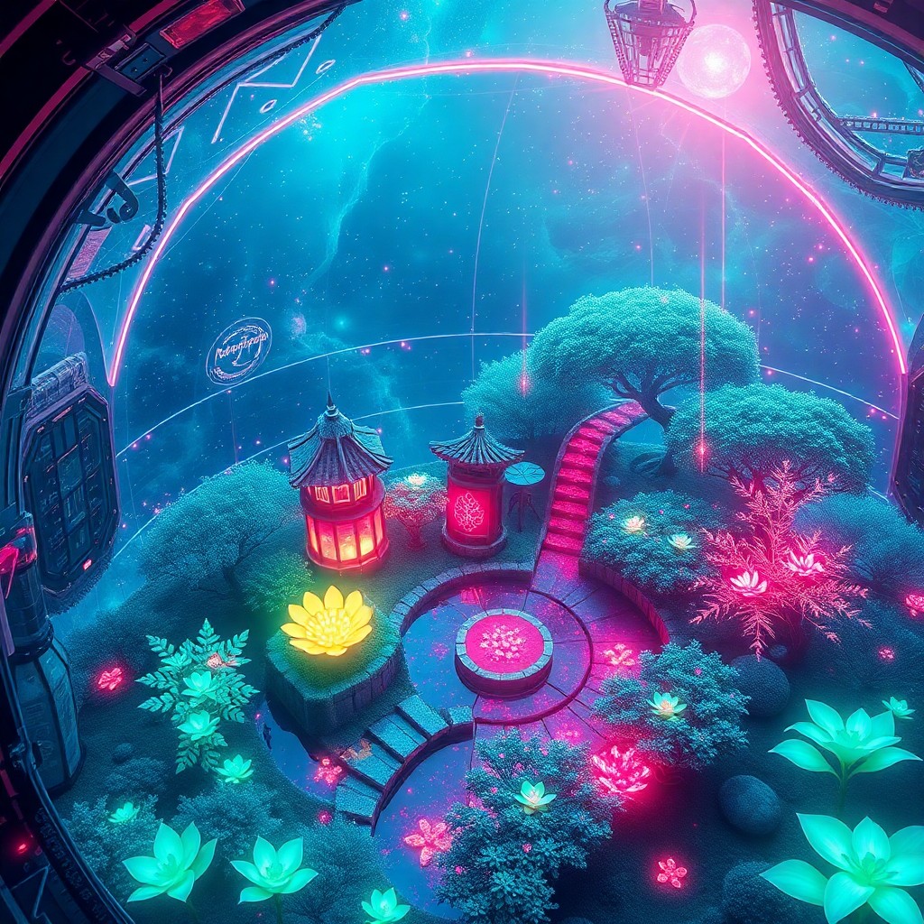 AI generated art for prompt: A mesmerizing digital artwork encapsulates an ethereal Zen garden bathed in celestial bioluminescent