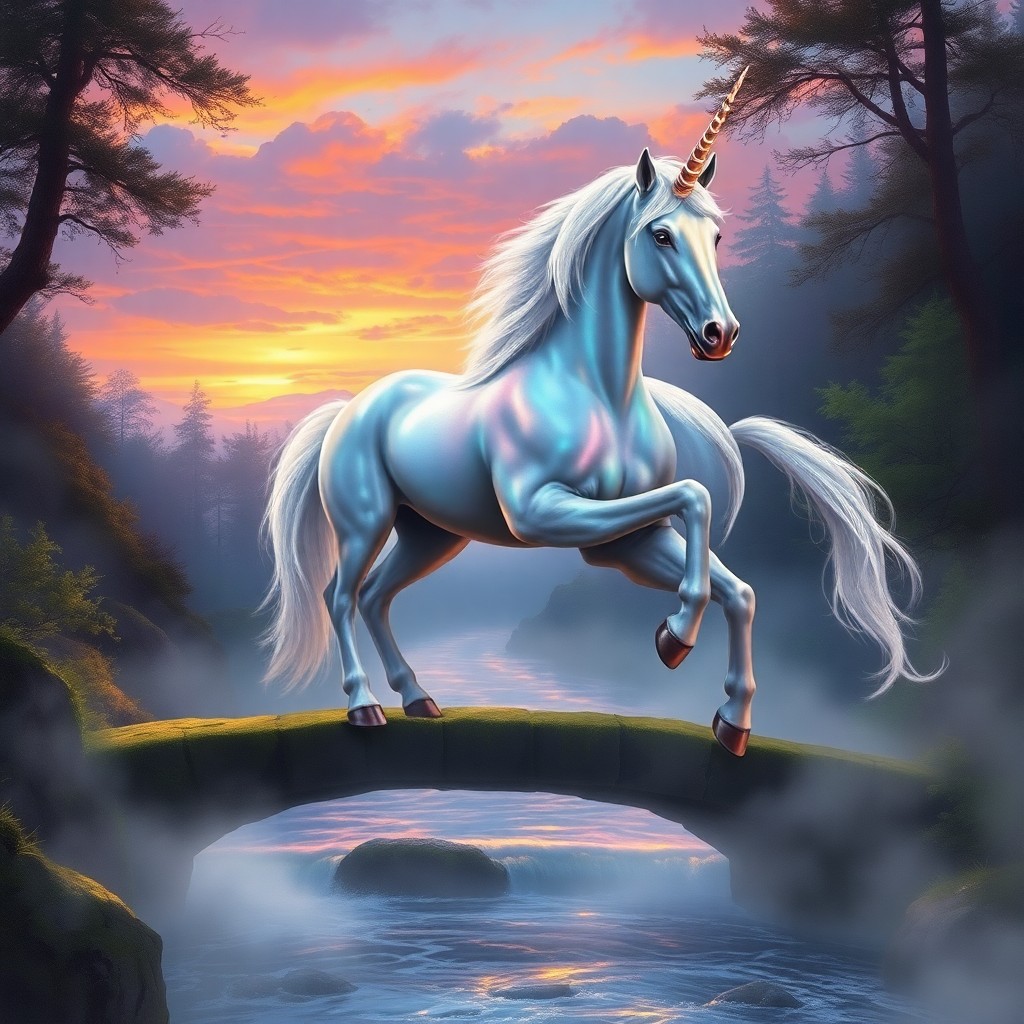 AI generated art for prompt: A majestic unicorn stands at the threshold of an enchanted forest, its iridescent horn reflecting th