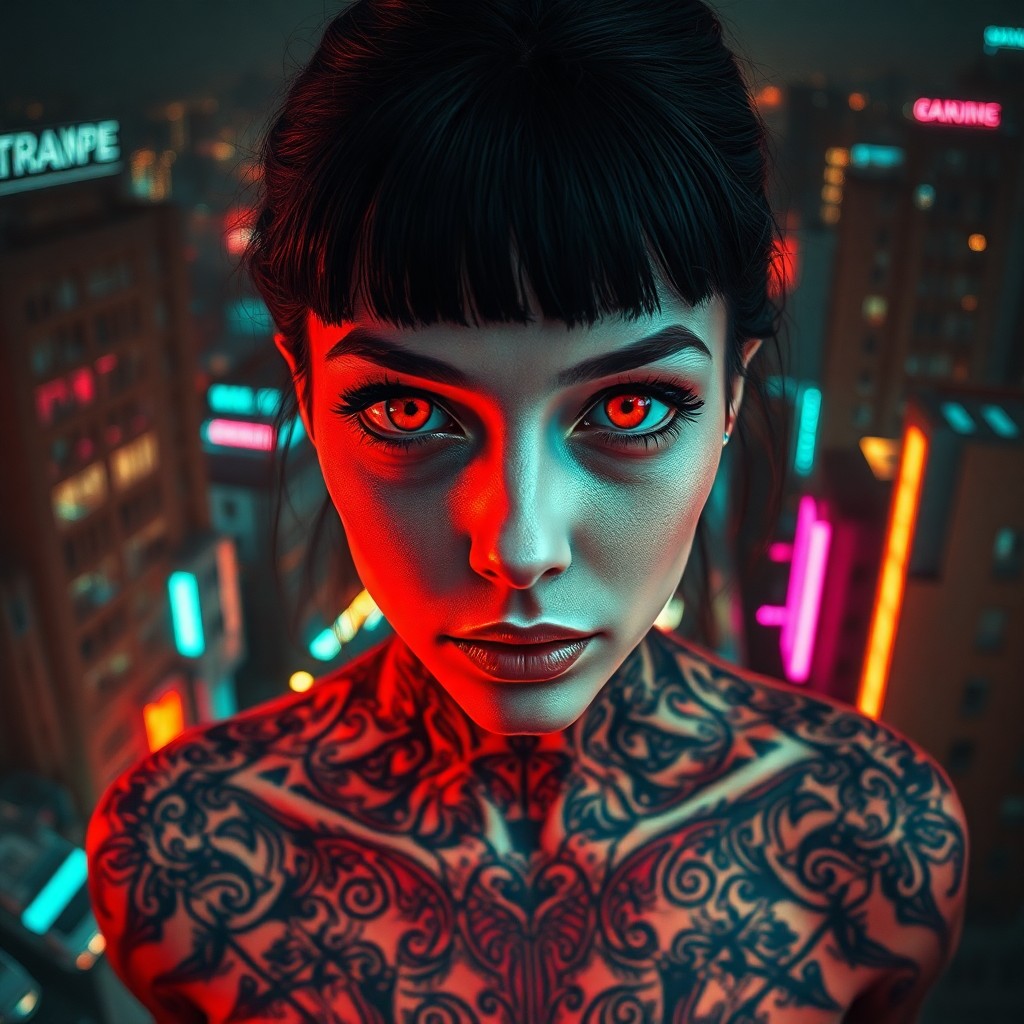 AI generated art for prompt: A surreal cyberpunk portrait depicts a woman from an unusual overhead perspective, her piercing red 