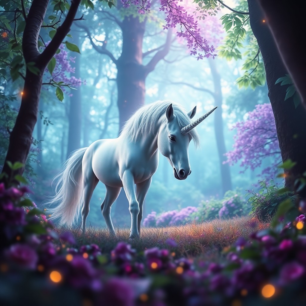 AI generated art for prompt: An imaginative digital art piece captures a whimsical world showcasing a majestic unicorn peacefully