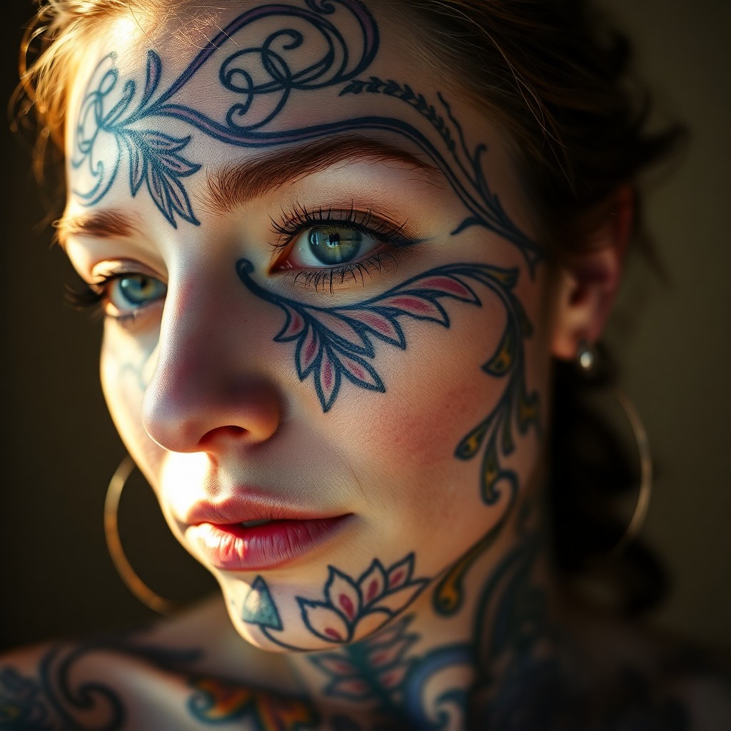 AI generated art for prompt: A close-up portrait of a woman with intricate, interwoven tattoos covering her entire face, reminisc