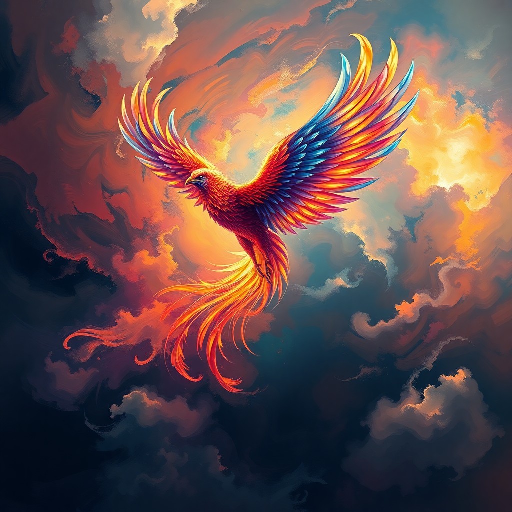 AI generated art for prompt: A digital art masterpiece depicting a mythical creature - a phoenix - as it ascends from an abstract