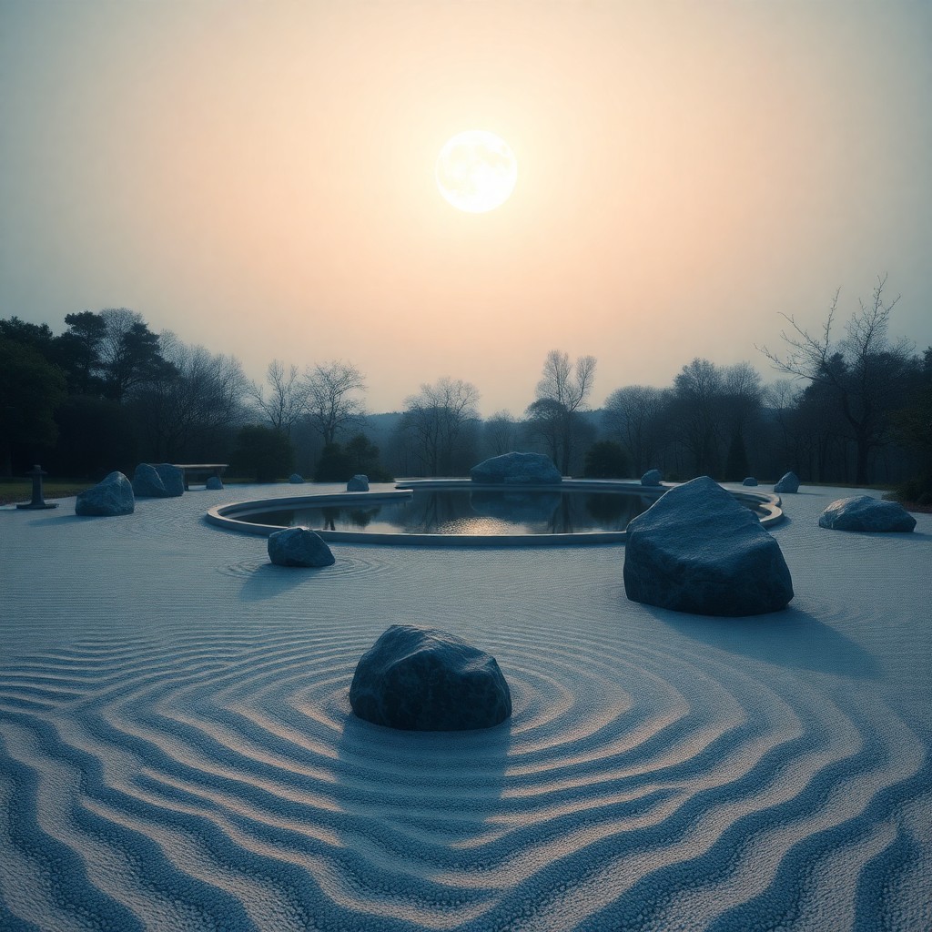 AI generated art for prompt: A minimalist Japanese Zen garden bathed in the soft light of dusk is depicted from a low-angle persp