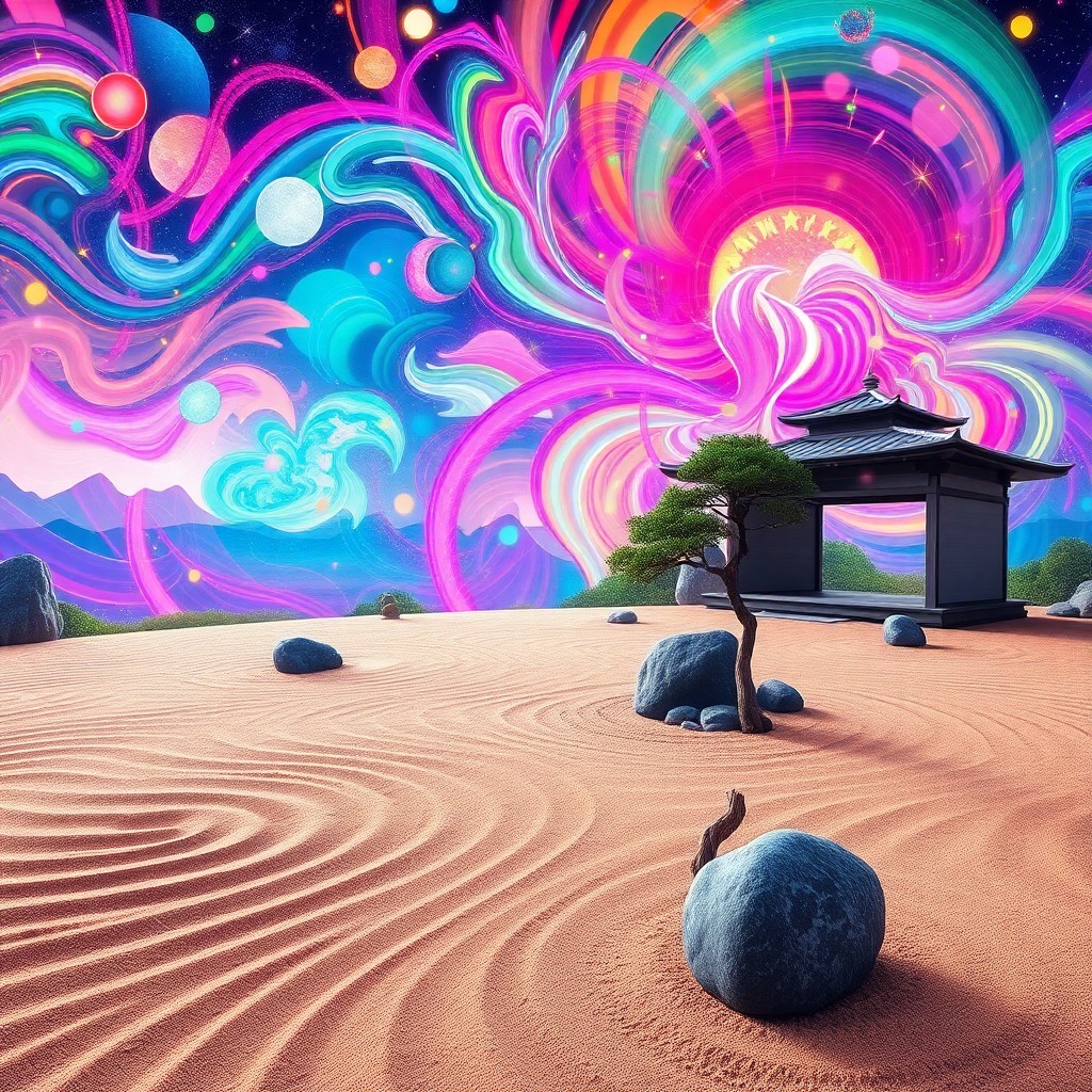 AI generated art for prompt: A serene Zen garden merges with a vibrant psychedelic landscape in this surreal digital art composit