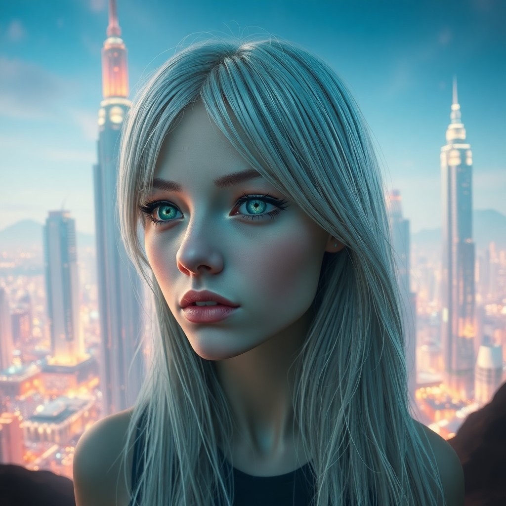 AI generated art for prompt: A surreal digital art portrait captures a captivating figure with mesmerizing green eyes and silvery