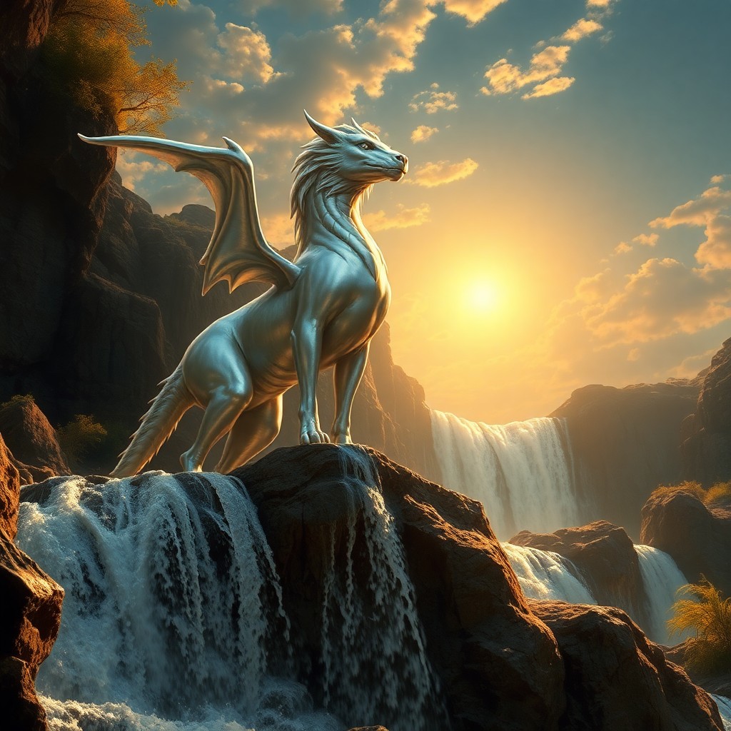 AI generated art for prompt: A magnificent mythical creature stands upon a flowing waterfall, its radiant silver coat gleaming un