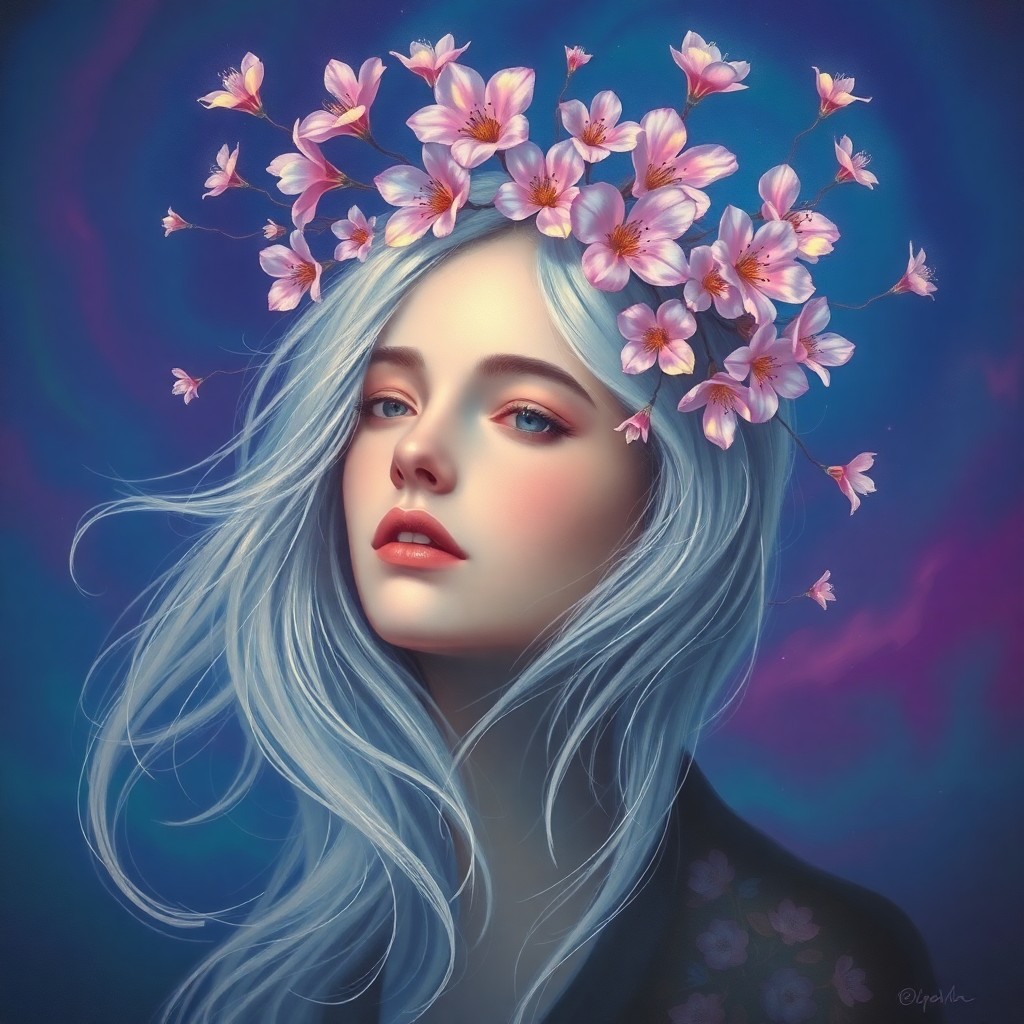 AI generated art for prompt: A surreal portrait depicting a young woman with flowing silver hair adorned by iridescent blossoms d