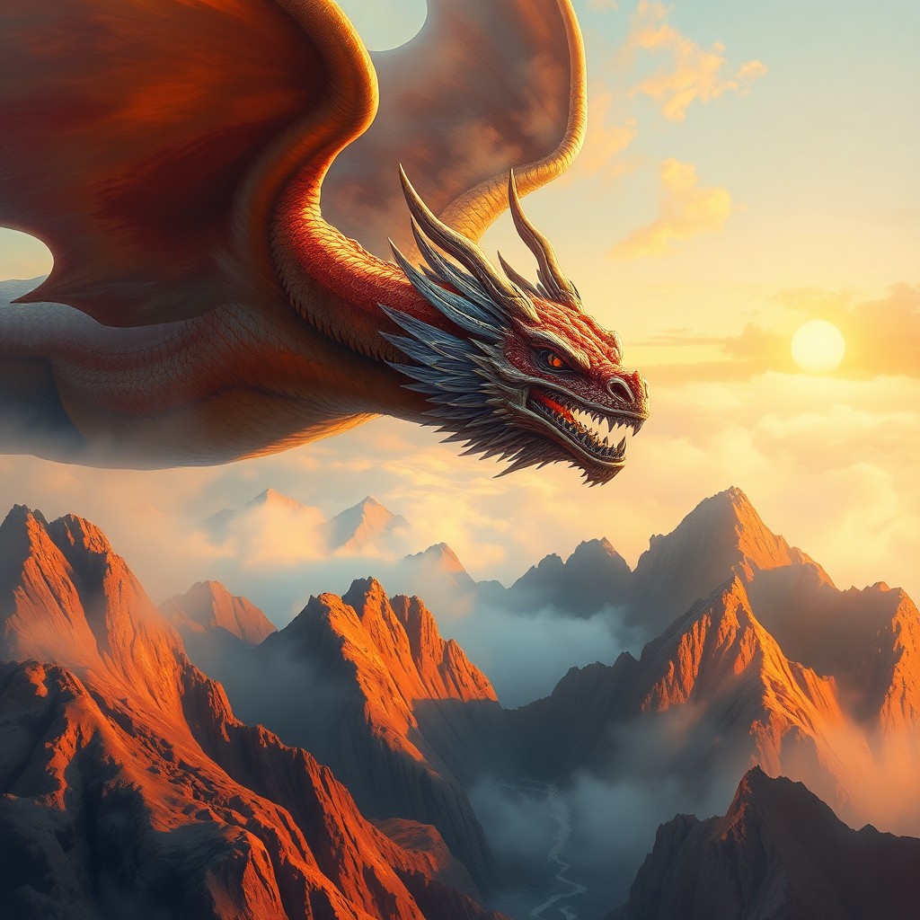 AI generated art for prompt: A majestic dragon with shimmering scales soars above a misty mountain range at dawn, its eyes reflec