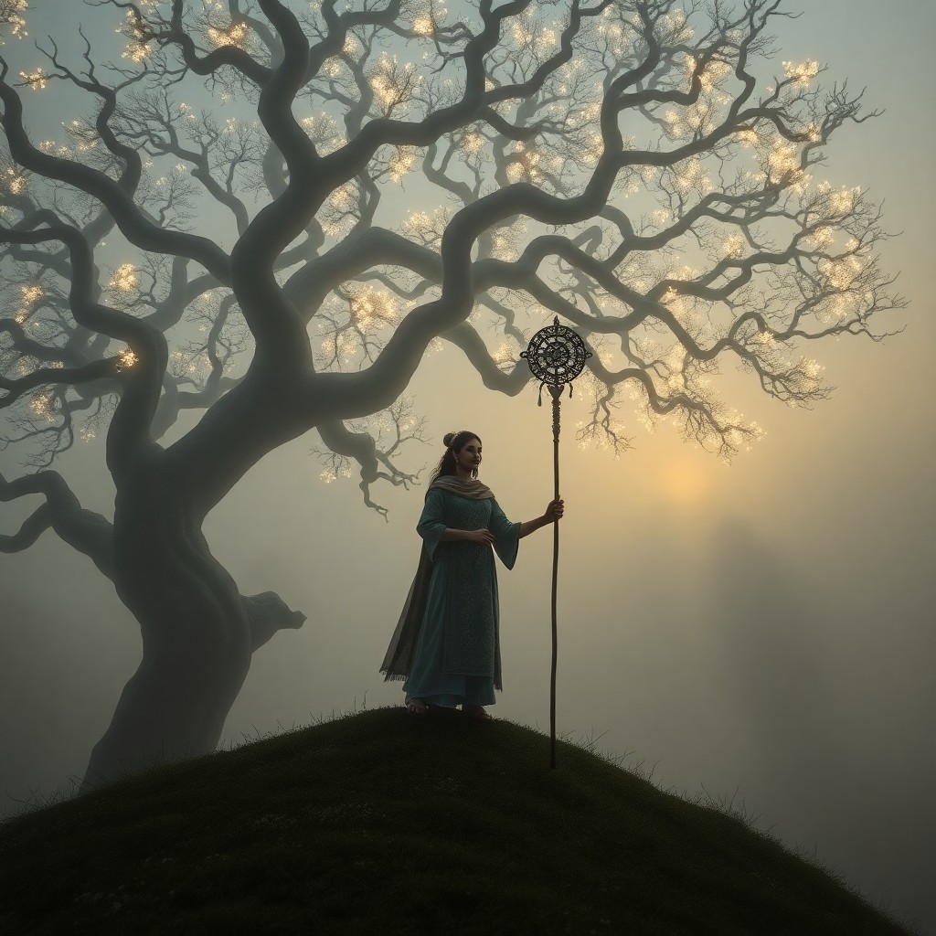 AI generated art for prompt: A captivating digital artwork portrays a solitary figure standing on a fog-covered hill during dawn,