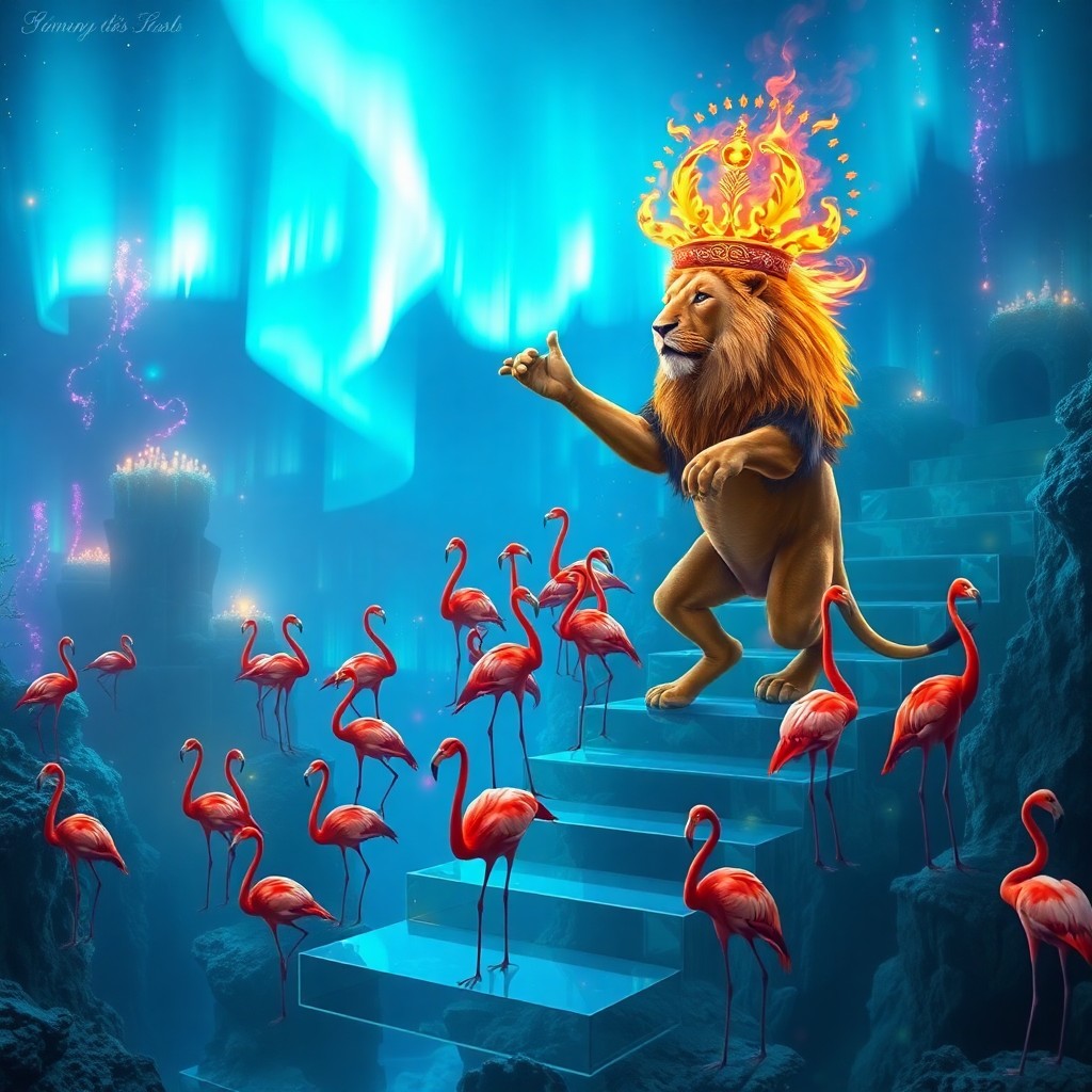 AI generated art for prompt: A surreal digital artwork depicting an ethereal underwater cityscape, where a regal lion adorned wit