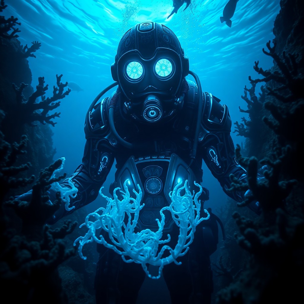 AI generated art for prompt: A mesmerizing underwater tableau captures an enigmatic scene in the depths of the ocean, reminiscent