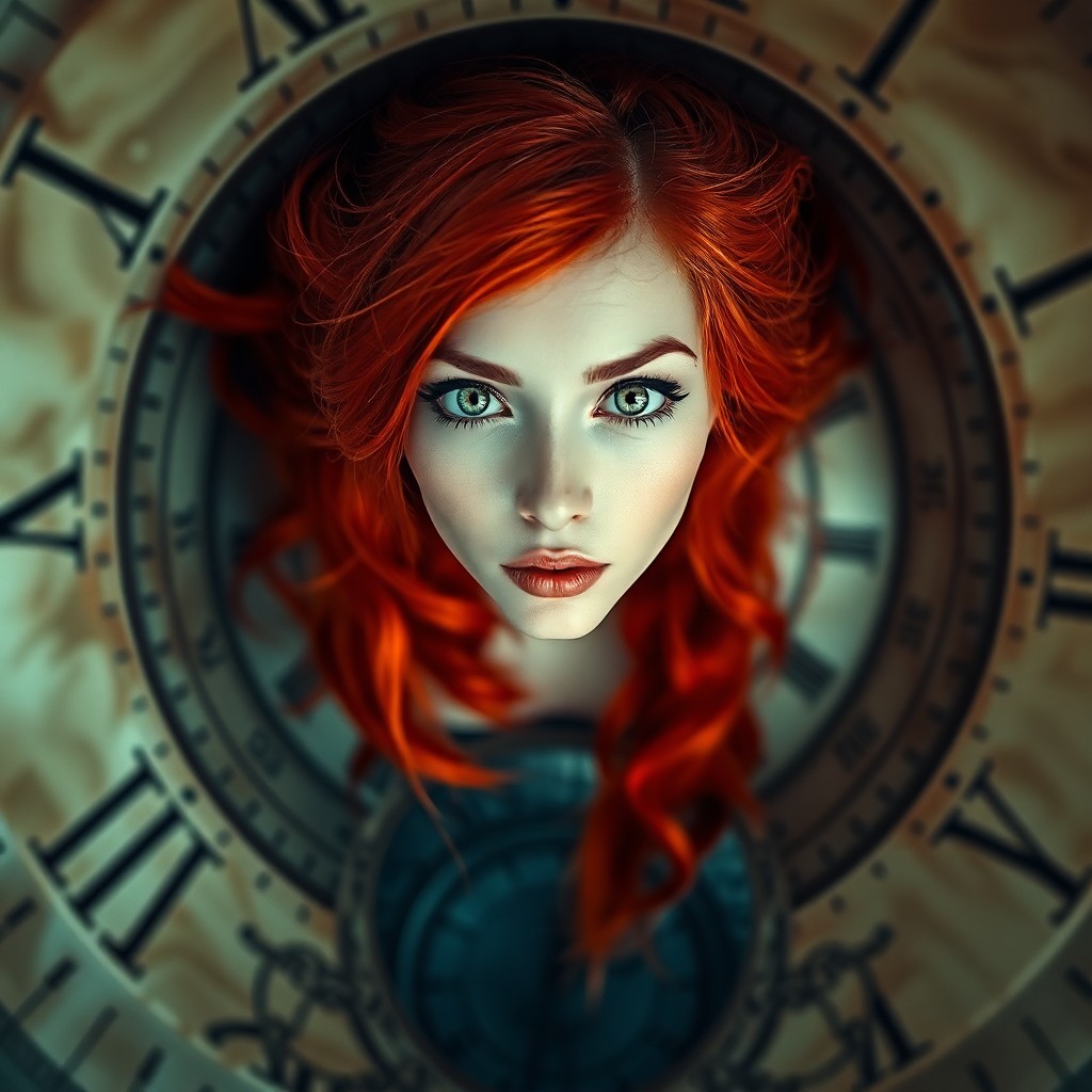 AI generated art for prompt: A surrealistic portrait depicting an enigmatic woman with vibrant red hair and mesmerizing green eye