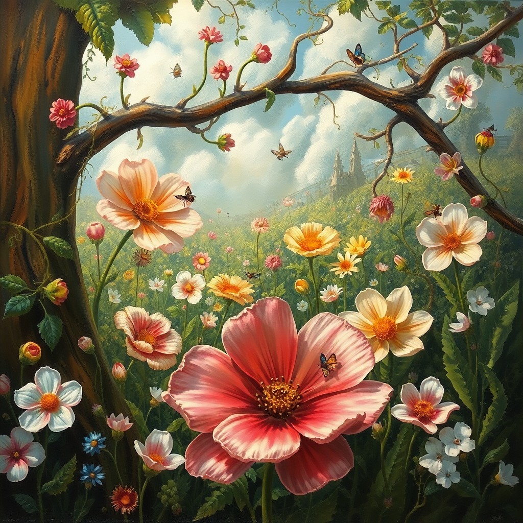 AI generated art for prompt: A whimsical oil painting unveils an enchanting garden filled with oversized flowers growing in fanta