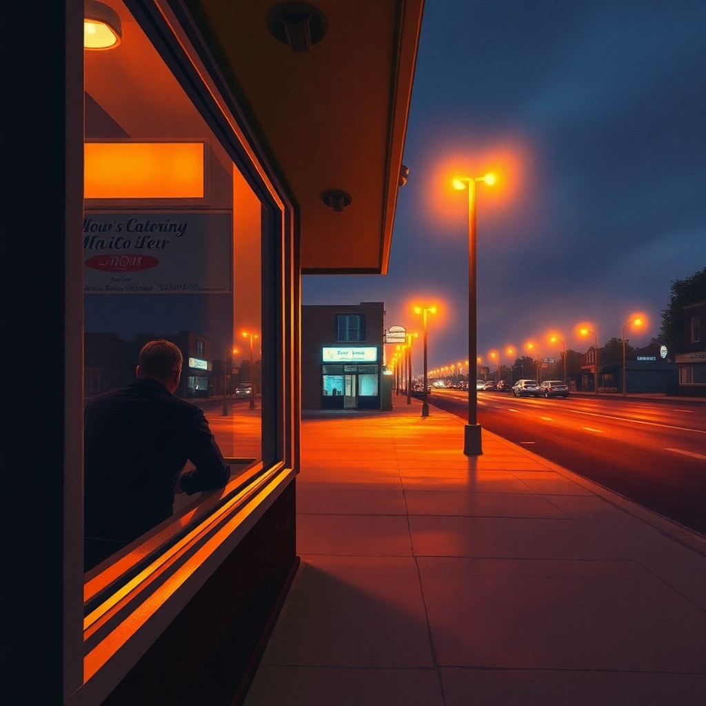 AI generated art for prompt: Craft a digital painting reminiscent of Edward Hopper's iconic scene, portraying a desolate diner ba