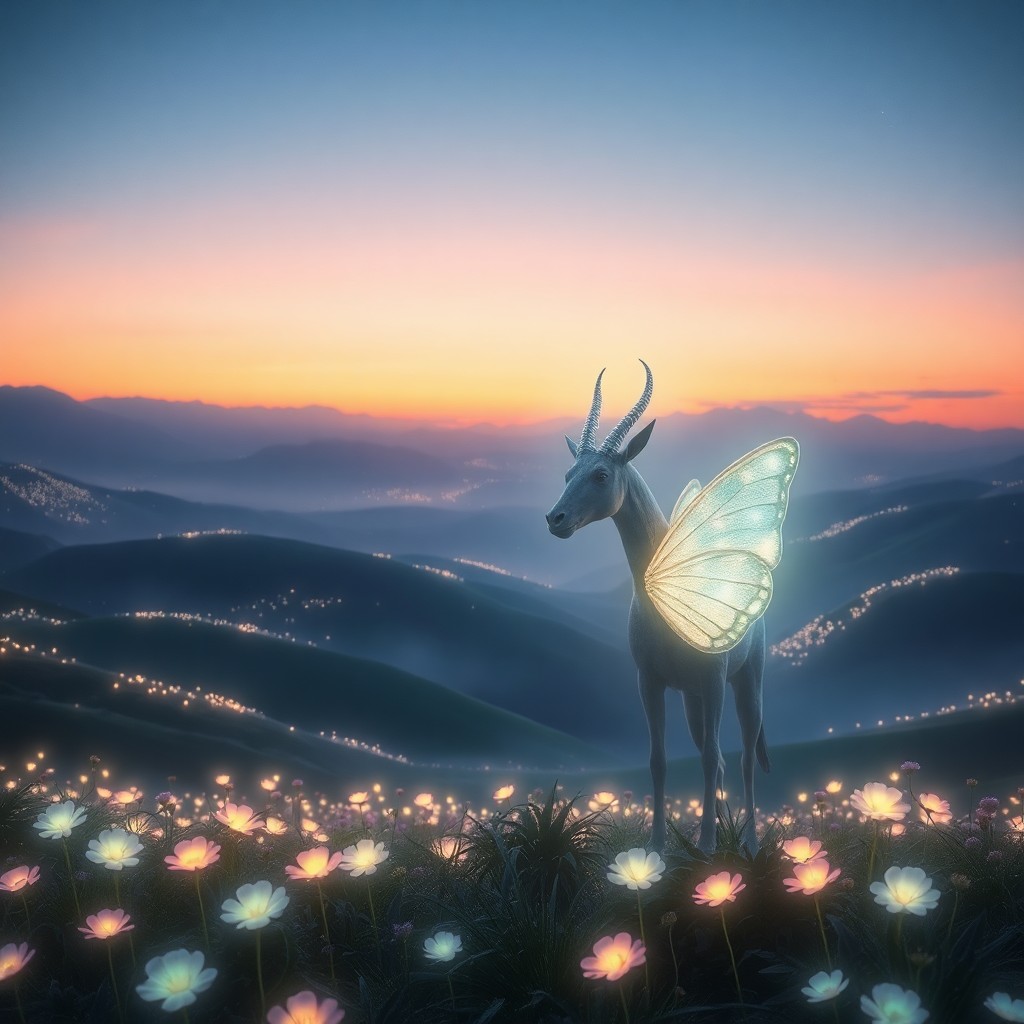 AI generated art for prompt: A dreamlike surreal digital artwork depicting a tranquil landscape with gently rolling hills adorned