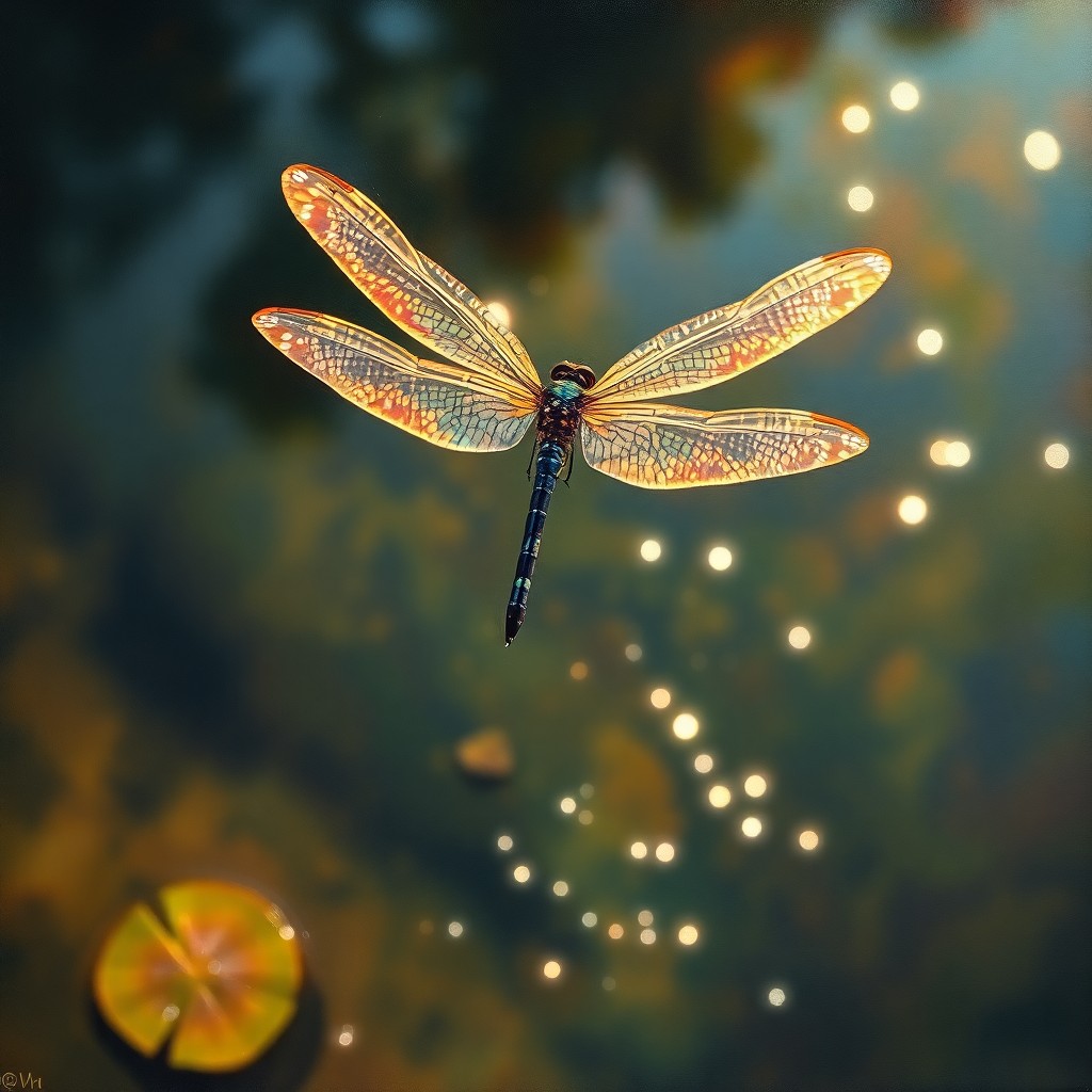 AI generated art for prompt: A mesmerizing oil painting captures an enchanting dragonfly mid-flight over a tranquil pond, reminis