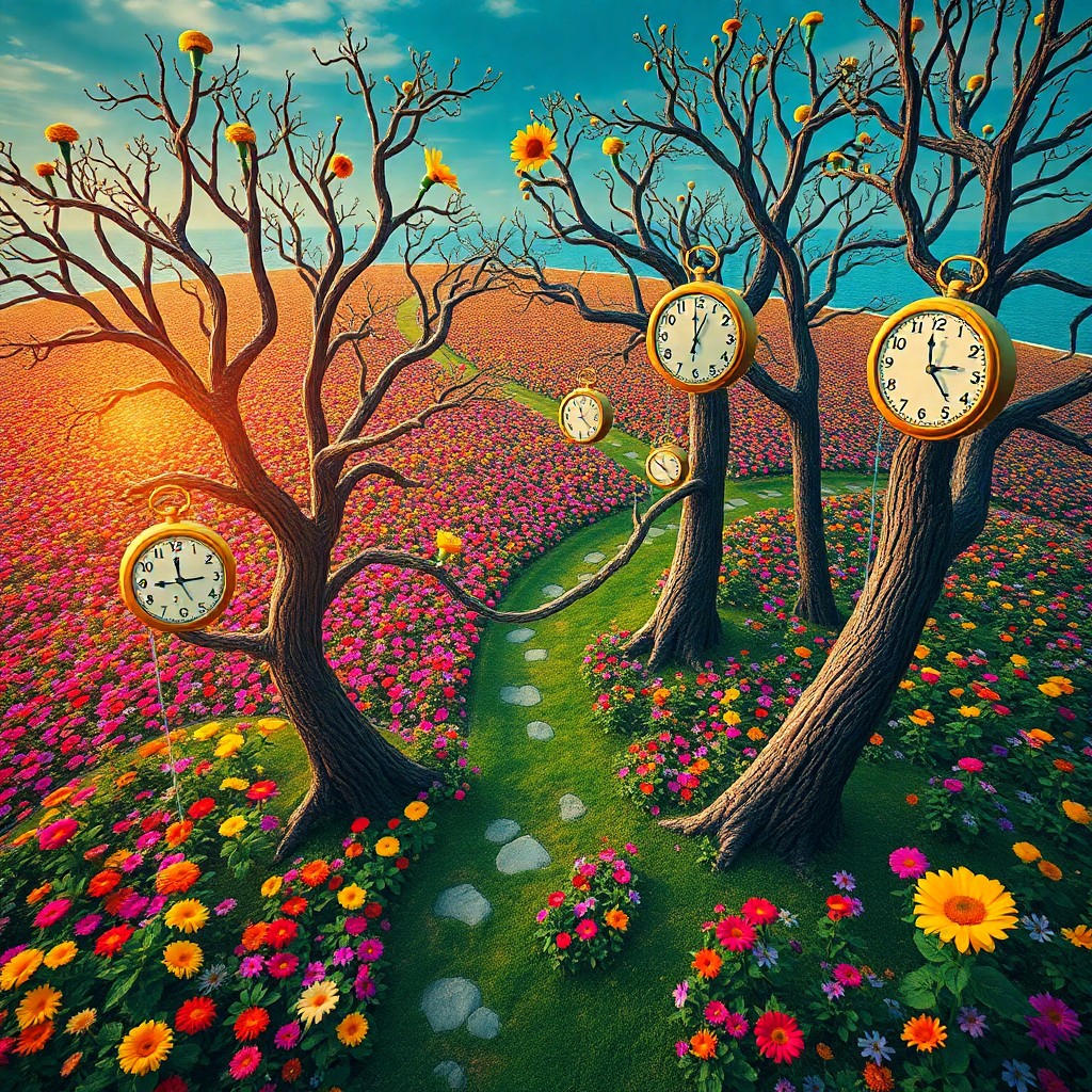 AI generated art for prompt: Create an image depicting a surreal garden with trees adorned by peculiar timepieces reminiscent of 