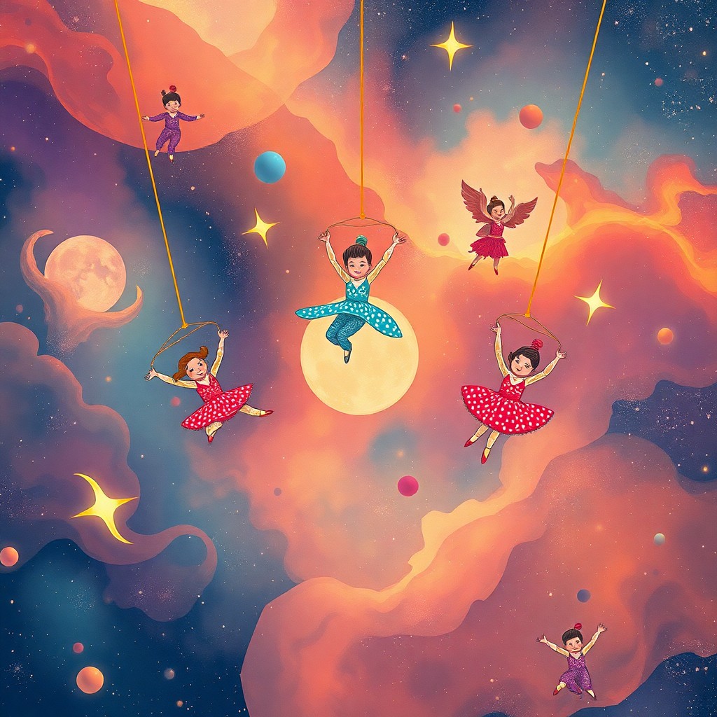 AI generated art for prompt: A whimsical digital illustration depicting an enchanting interstellar carnival scene where gravity-d