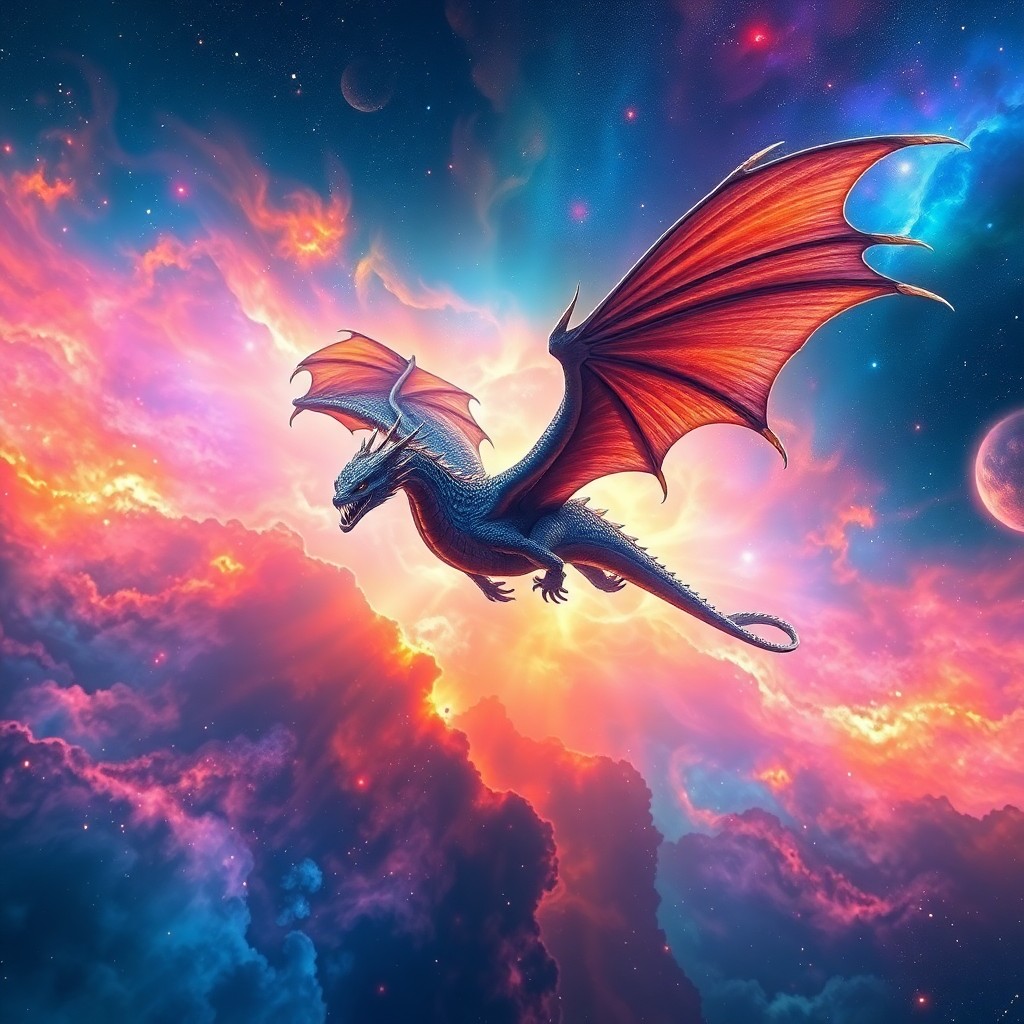 AI generated art for prompt: An awe-inspiring digital art piece depicting a majestic dragon soaring through an otherworldly nebul