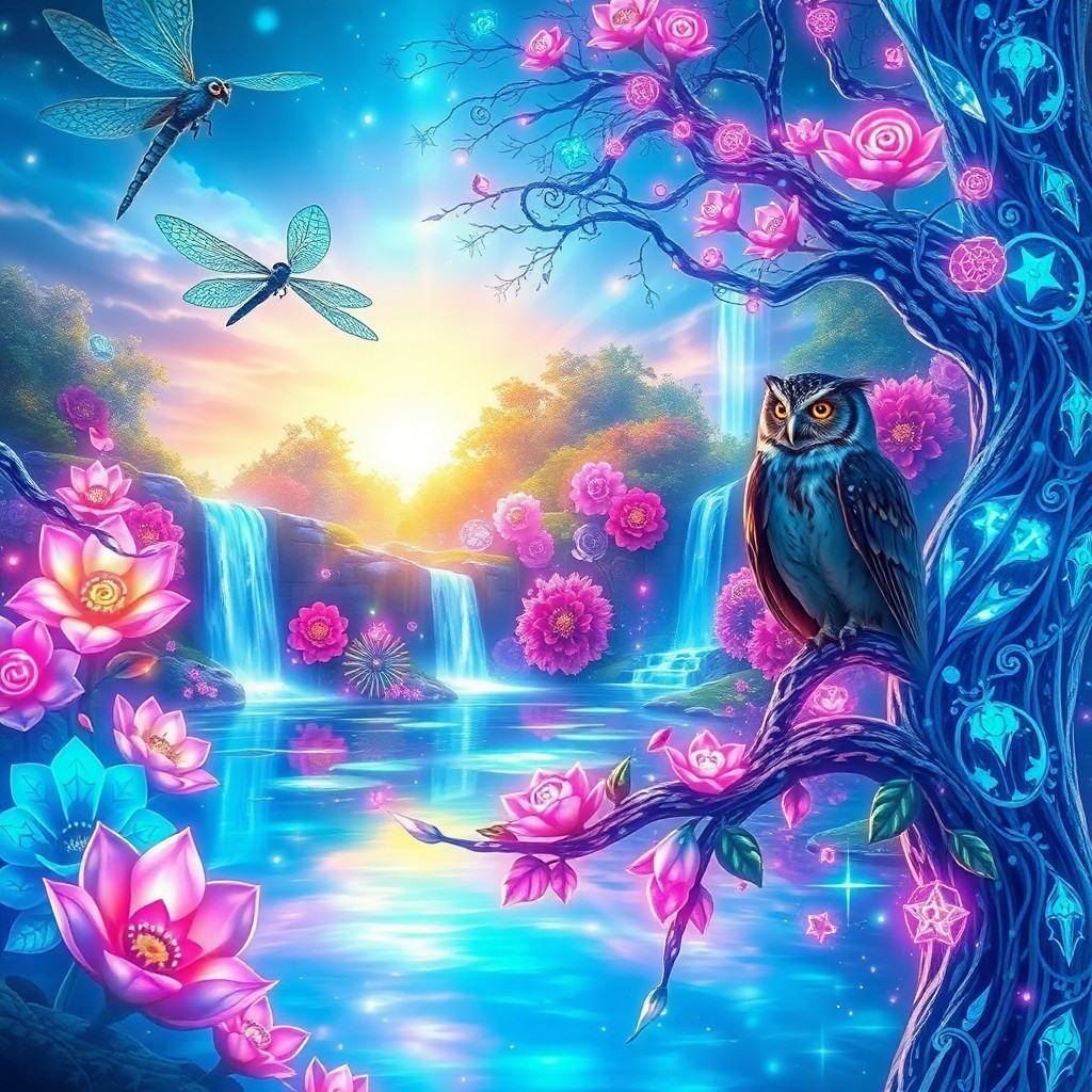 AI generated art for prompt: A dreamlike digital artwork depicting a fantastical garden vista from a dragonfly's viewpoint, as it