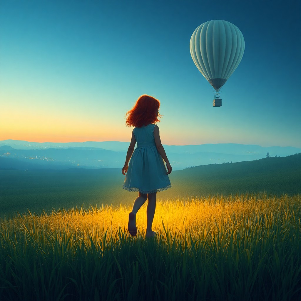 AI generated art for prompt: An enchanting scene depicts a young girl with vibrant red hair strolling barefoot through a tranquil