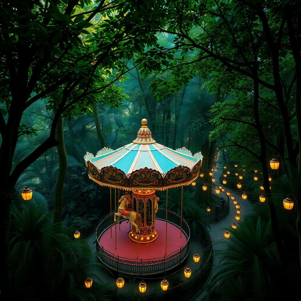 AI generated art for prompt: An aerial perspective reveals an enchanting carnival nestled within a verdant tropical forest, seaml